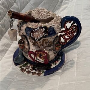 Blue Sky Ceramic Mug and Saucer - Blue, Brown, and Cream